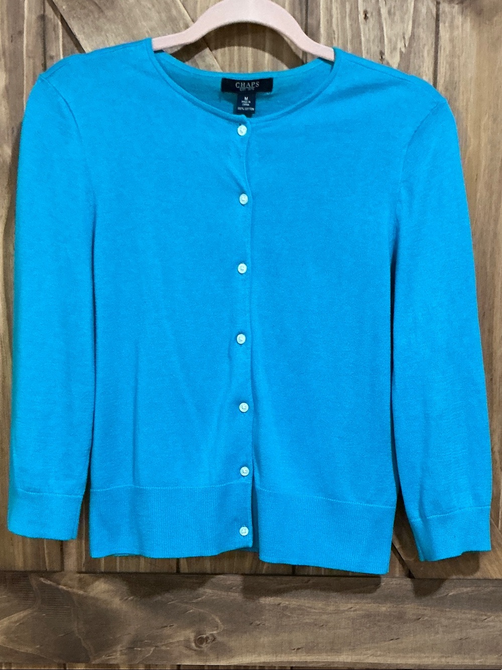 Chaps Turquoise Crewneck Button-Front Cardigan